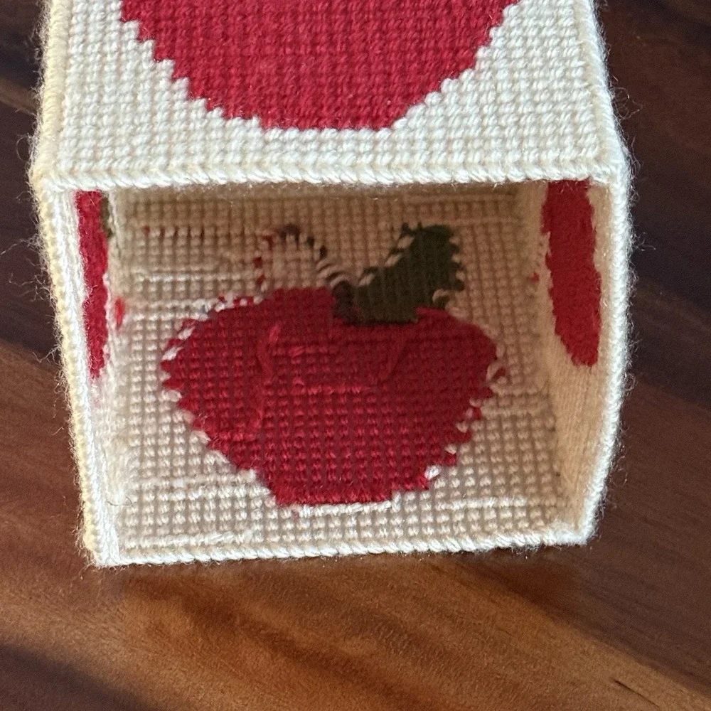 Handmade Vintage Needlepoint Plastic Canvas Tissue Box Cover - Apple Teacher